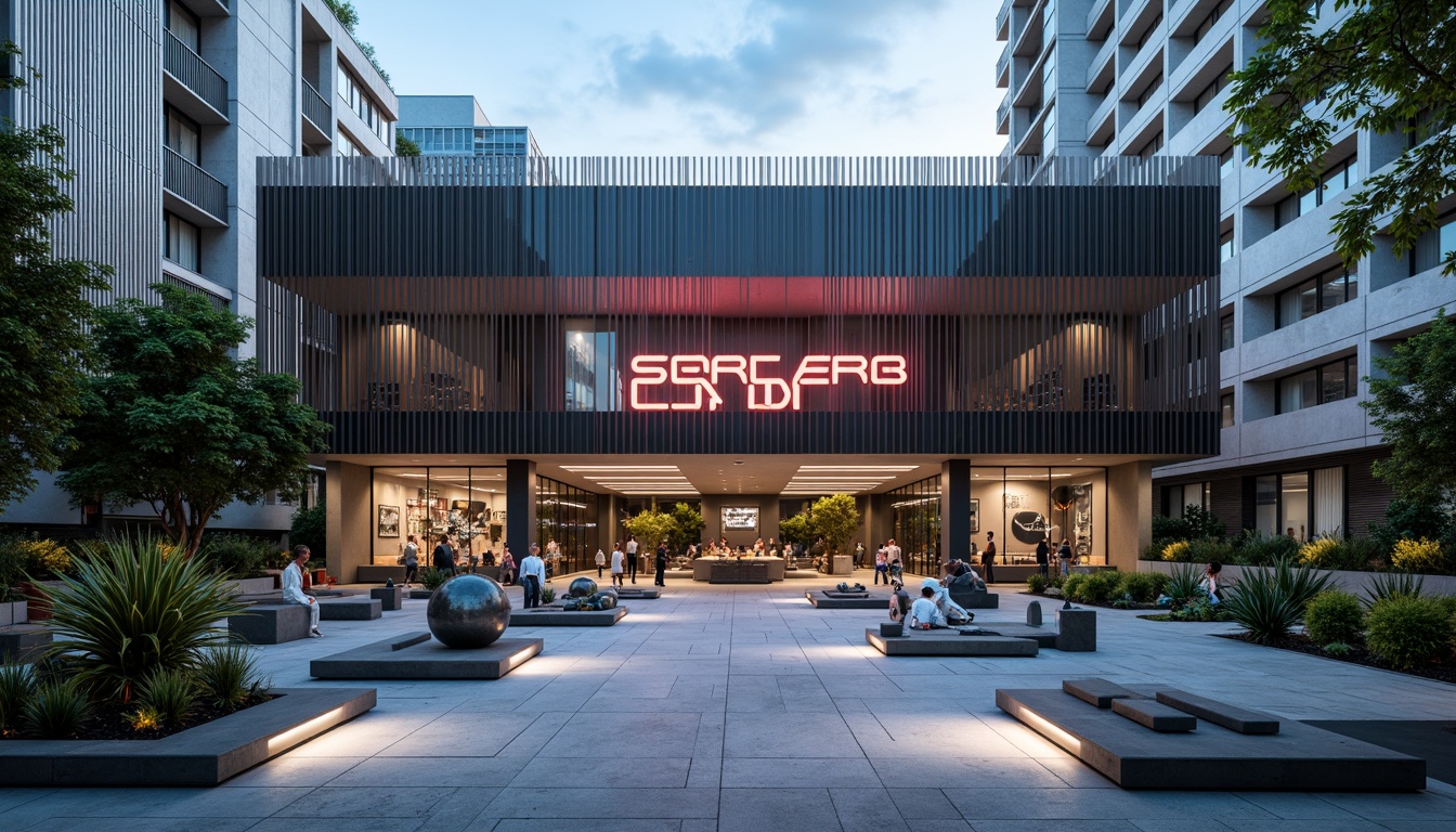 Prompt: Futuristic fitness club exterior, sleek metal fa\u00e7ade, neon-lit signage, modern LED lighting, urban cityscape backdrop, concrete pavement, minimalist landscaping, succulent plants, geometric-shaped planters, stainless steel benches, futuristic sculptures, abstract art installations, dynamic water features, misting systems, ambient outdoor lighting, shallow depth of field, 3/4 composition, panoramic view, realistic textures, ambient occlusion.