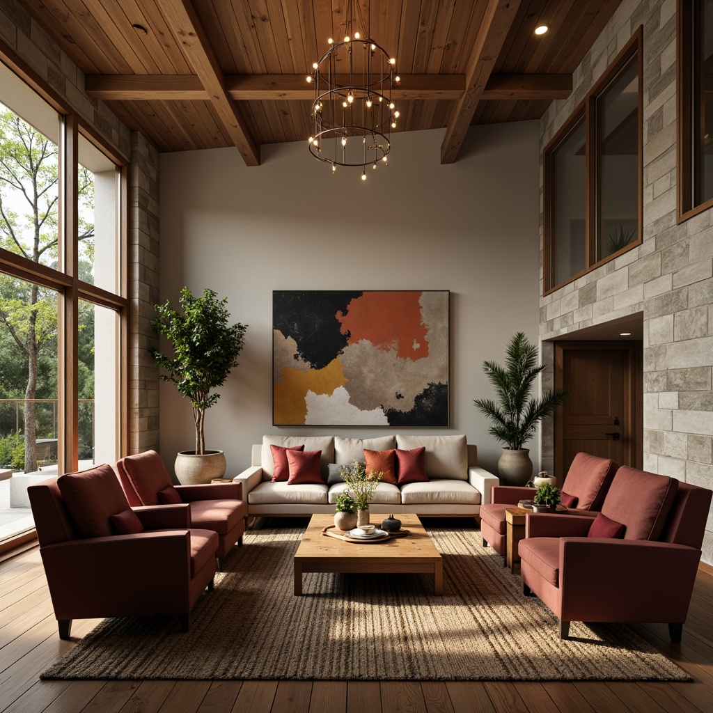 Prompt: Cozy living room, plush sofas, velvet armchairs, wooden coffee tables, soft warm lighting, floor-to-ceiling windows, natural stone walls, modern minimalist decor, abstract artwork, woven rugs, comfortable throw pillows, elegant chandeliers, subtle color palette, calming atmosphere, shallow depth of field, 1/1 composition, realistic textures, ambient occlusion.