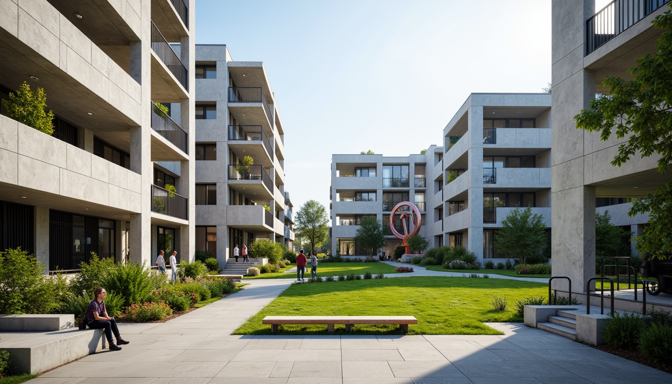 Prompt: Rugged concrete buildings, brutalist architecture, open plazas, sprawling green lawns, abstract sculptures, modern art installations, industrial-style benches, exposed ductwork, raw concrete textures, dramatic shading, harsh overhead lighting, 1/1 composition, symmetrical framing, bold color accents, urban landscape, educational signage, pedestrian walkways, bike racks, minimalist landscaping, functional water features, angular staircases, cantilevered structures.