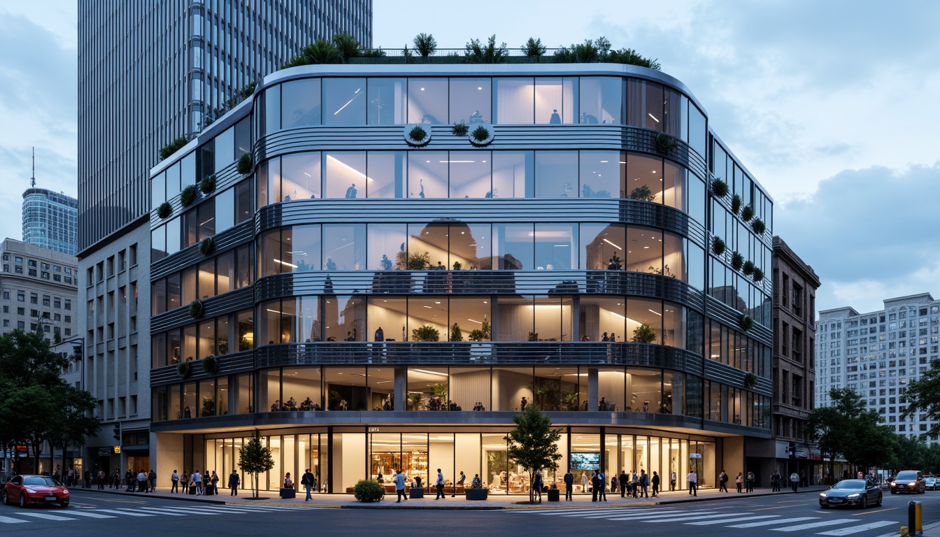 Prompt: Curved building facade, metallic materials, polished chrome accents, horizontal lines, minimalist ornamentation, rounded corners, large windows, sliding glass doors, urban cityscape, busy streets, modern skyscrapers, cloudy blue sky, soft natural lighting, shallow depth of field, 2/3 composition, symmetrical balance, realistic reflections, ambient occlusion.