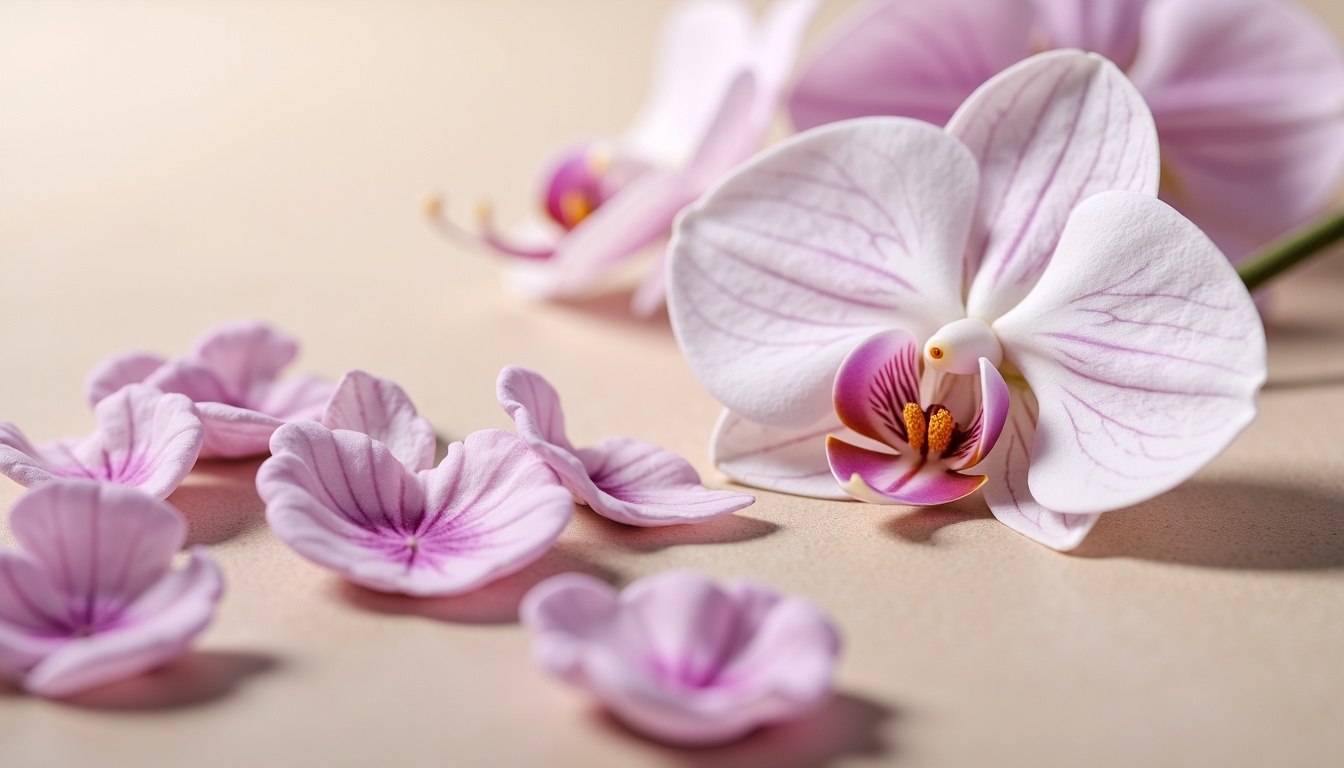 Prompt: Exquisite orchid-inspired color palette, soft pastel hues, delicate petals, subtle sheen, luxurious velvet textures, rich jewel tones, elegant gold accents, sophisticated modern design, refined minimalist aesthetic, creamy whites, blush pinks, lavender whispers, powder blues, mauve undertones, warm beige backgrounds, natural light, shallow depth of field, 1/1 composition, realistic renderings, ambient occlusion.