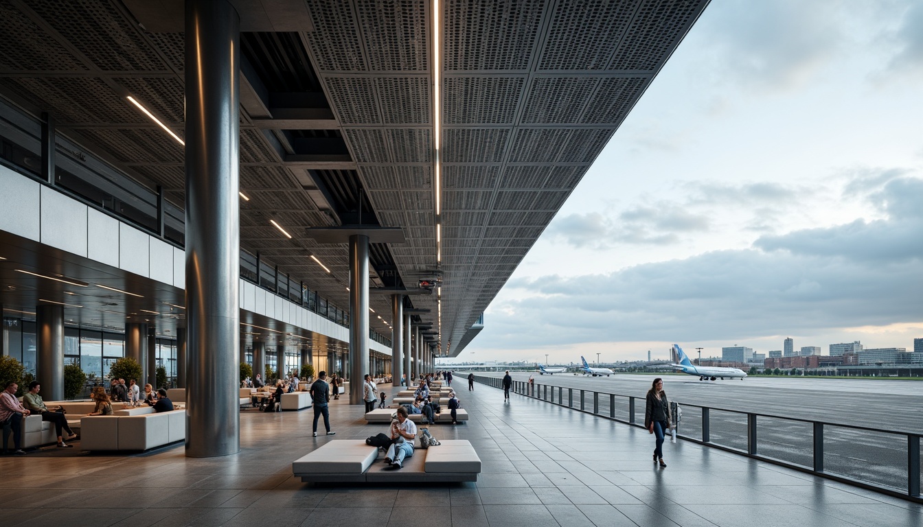 Prompt: Aerodynamic airport terminal, metallic latticework fa\u00e7ade, polished steel columns, exposed ductwork, industrial concrete floors, minimalist seating areas, futuristic LED lighting, dynamic angular lines, brutalist architecture, urban cityscape views, cloudy skies, soft diffused natural light, shallow depth of field, 1/1 composition, realistic reflective surfaces, ambient occlusion.