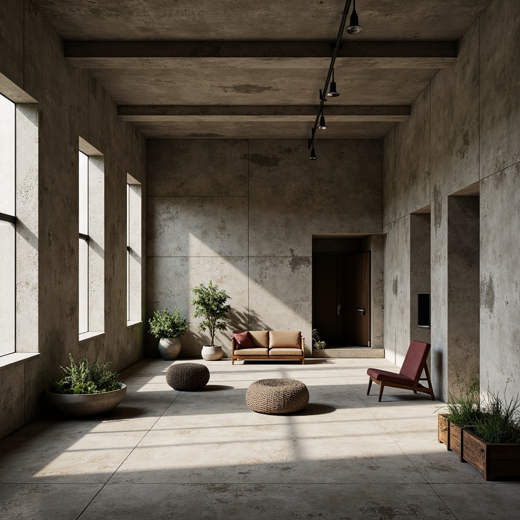 Prompt: Exposed concrete walls, rugged stone floors, industrial metal beams, brutalist architecture, raw unfinished textures, earthy tone color palette, muted greenery, weathered wood accents, functional minimalist decor, utilitarian furniture, cold harsh lighting, dramatic shadows, 1/1 composition, high contrast ratio, realistic material rendering, ambient occlusion.