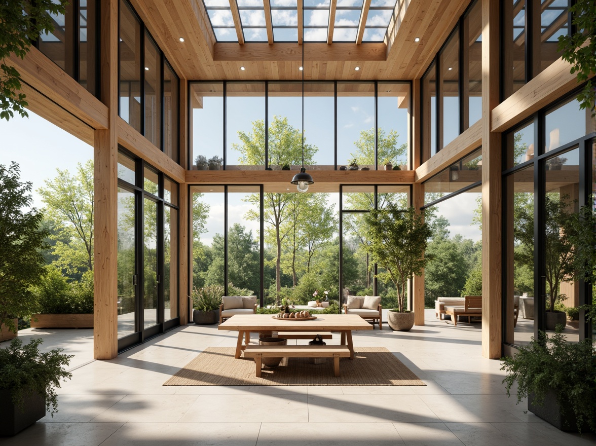 Prompt: Spacious open-plan interior, floor-to-ceiling windows, sliding glass doors, clerestory windows, skylights, reflective surfaces, minimal obstructions, airy atmosphere, natural ventilation, passive solar design, thermal mass materials, radiant heating systems, green roofs, living walls, lush indoor plants, warm earthy tones, soft diffused lighting, 1/1 composition, shallow depth of field, realistic textures, ambient occlusion.