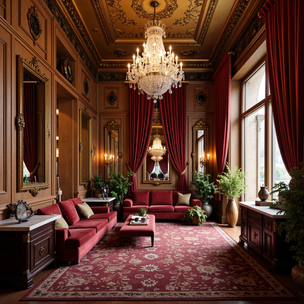 Prompt: Rich velvet drapes, ornate gold leafing, luxurious marble countertops, intricately carved wooden panels, lavish crystal chandeliers, plush crimson sofas, antique bronze fixtures, opulent patterned rugs, grandiose mirrors, dramatic coved ceilings, warm golden lighting, soft focus photography, 1/2 composition, atmospheric depth of field, realistic reflections.