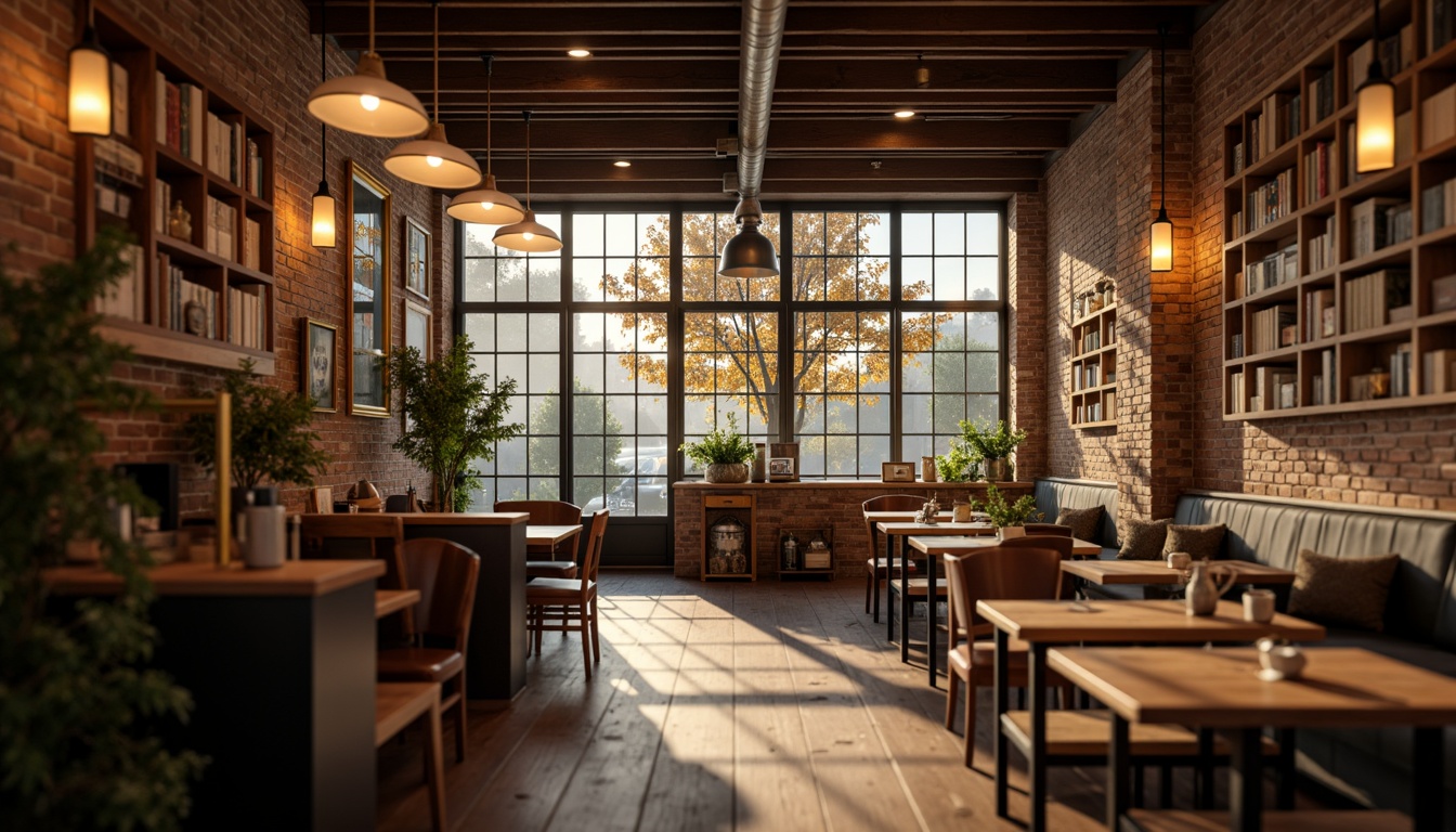 Prompt: Cozy coffee shop interior, warm wooden accents, soft ambient lighting, pendant lamps, industrial metal fixtures, exposed brick walls, comfortable seating areas, rustic wooden tables, vintage decorative items, aromatic coffee scents, morning sunlight, gentle warm glow, shallow depth of field, 1/1 composition, realistic textures, subtle color grading.