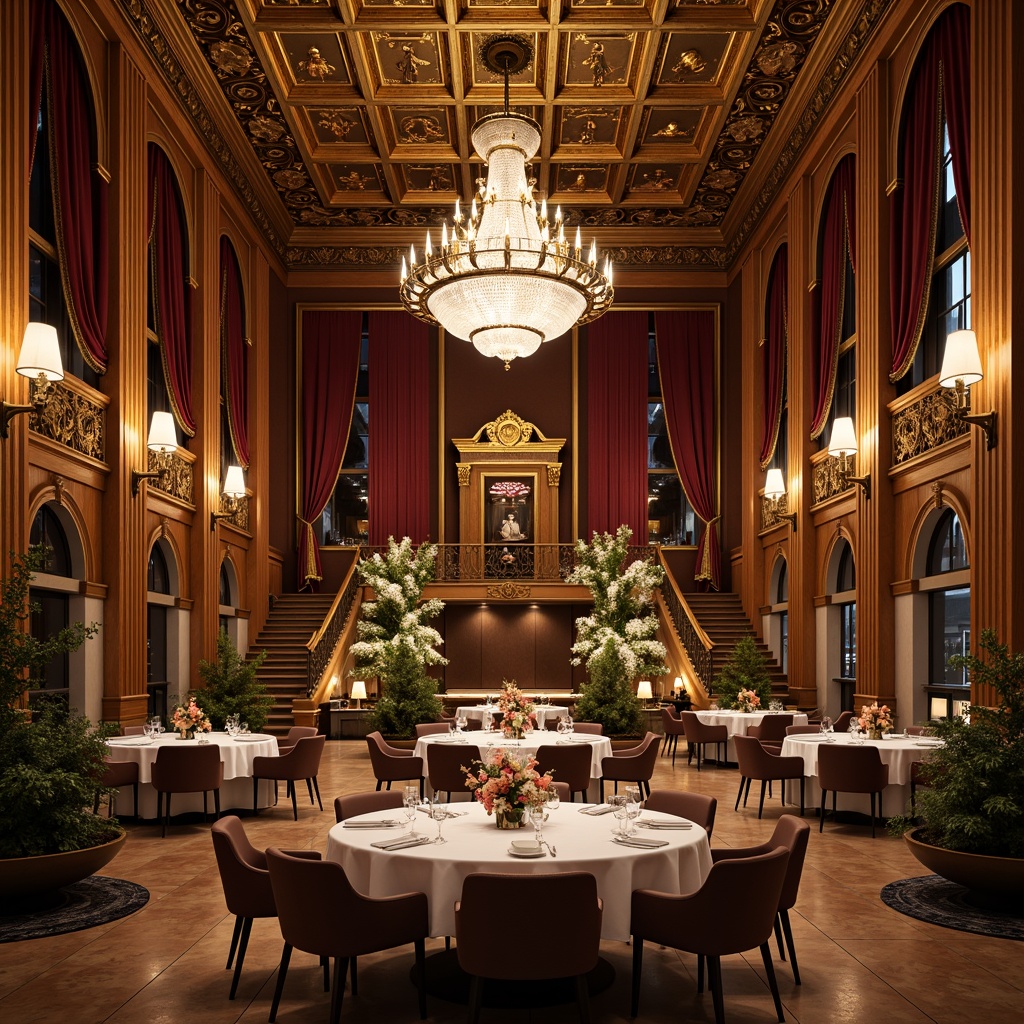 Prompt: Opulent dining hall, grand chandelier, ornate mirrors, gilded frames, intricate carvings, luxurious fabrics, velvet drapes, golden accents, marble floors, high ceilings, dramatic archways, sweeping staircases, lavish furnishings, rich wood tones, crystal candelabras, soft warm lighting, shallow depth of field, 1/1 composition, realistic textures, ambient occlusion.