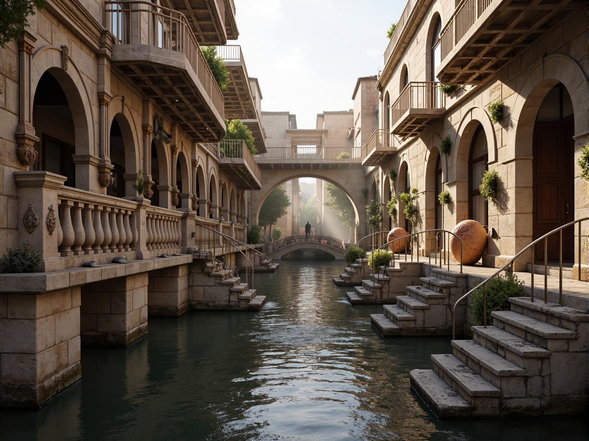 Prompt: Intricate stone carvings, ornate balustrades, grand arches, rustic stonework, weathered statues, mythological creatures, floral patterns, curved railings, decorative lamp posts, cobblestone roads, serene water reflections, soft warm lighting, misty morning atmosphere, 1/2 composition, symmetrical framing, realistic textures, ambient occlusion.