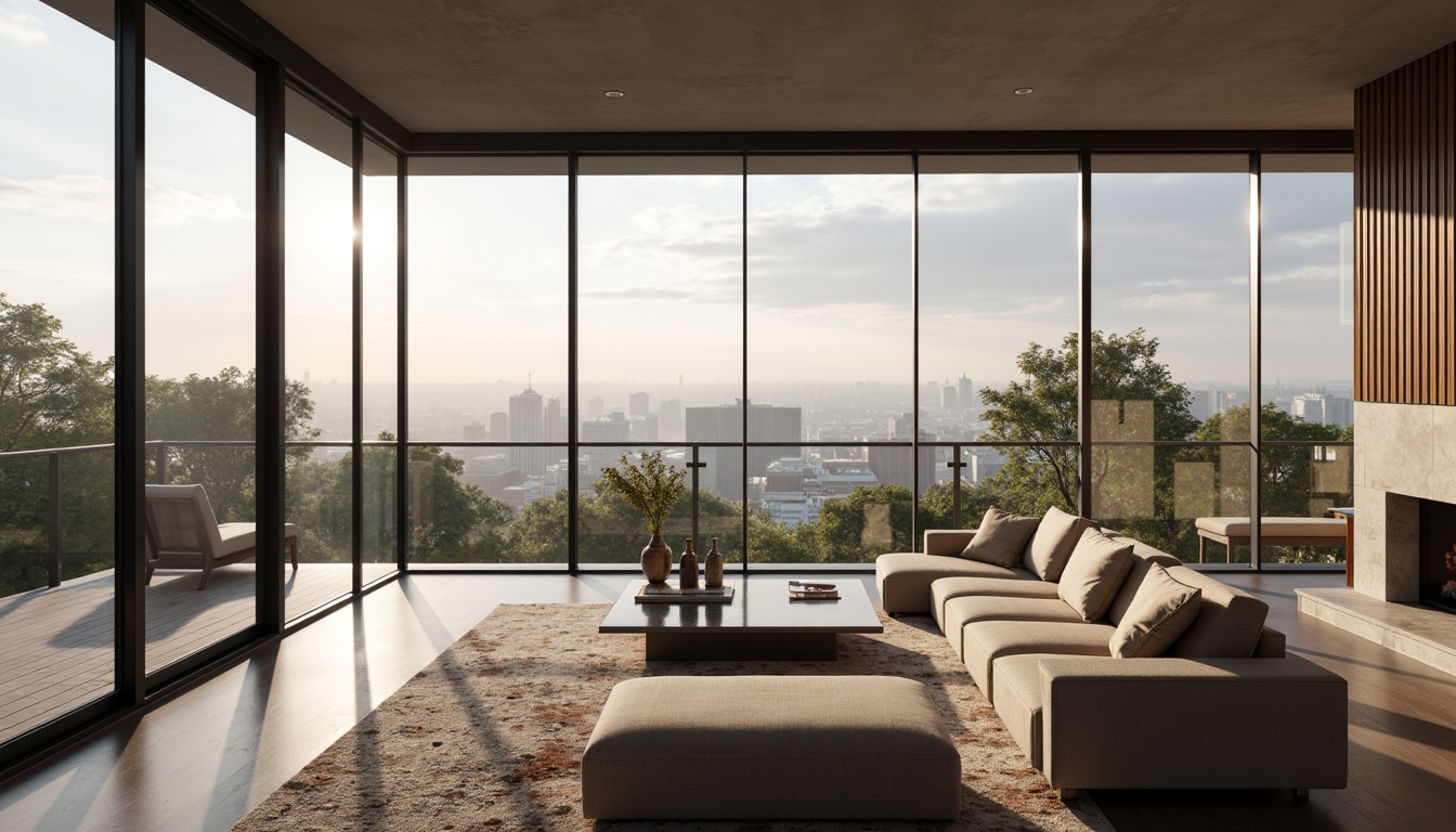 Prompt: Minimalist living room, floor-to-ceiling windows, sleek metal frames, automated blinds, solar shades, thermal insulation, energy-efficient glazing, soundproofing technology, urban cityscape views, morning sunlight, soft warm lighting, shallow depth of field, 3/4 composition, panoramic view, realistic textures, ambient occlusion, modern interior design, luxurious fabrics, subtle patterns, metallic accents.