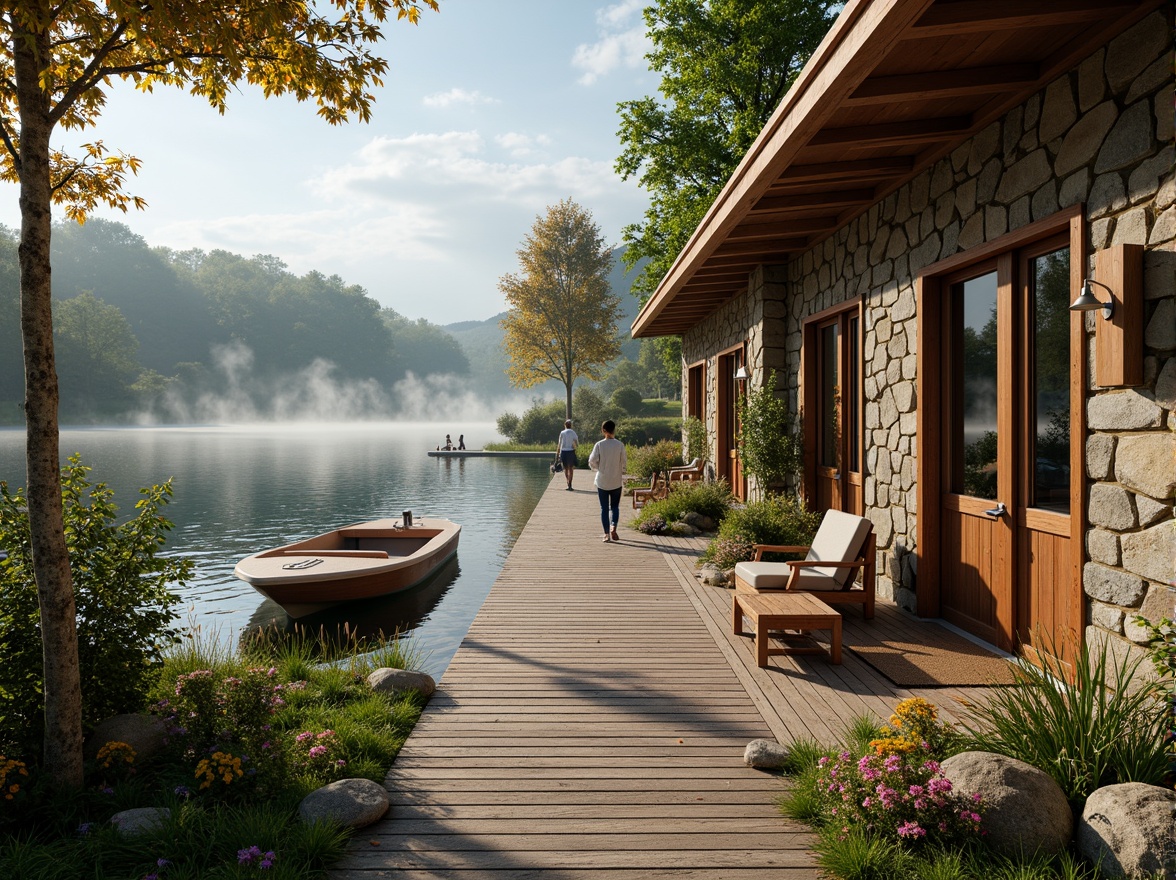 Prompt: Waterfront boathouse, rustic wooden docks, serene lake views, lush greenery, vibrant flowers, natural stone walls, wooden accents, nautical decorations, cozy interior spaces, warm lighting, shallow depth of field, 3/4 composition, panoramic view, realistic textures, ambient occlusion, tranquil atmosphere, soft misty morning, gentle lapping water sounds.