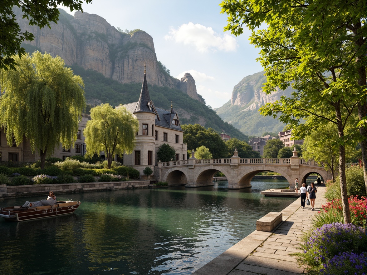 Prompt: Rustic stone bridges, ornate balustrades, lush greenery, vibrant flowers, meandering waterways, serene lakes, majestic willow trees, natural rock formations, weathered wooden docks, charming pedestrian paths, soft warm lighting, shallow depth of field, 3/4 composition, panoramic view, realistic textures, ambient occlusion, tranquil atmosphere, gentle water ripples, subtle mist effects.