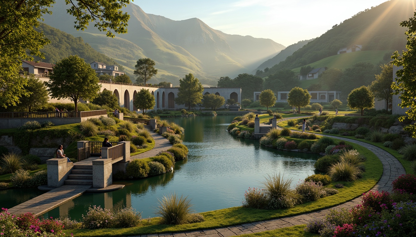 Prompt: Rolling hills, serene lakeside, lush greenery, majestic Baroque-style bridges, ornate stone carvings, grand arches, sweeping curves, rustic wooden railings, meandering waterways, tranquil atmosphere, warm golden lighting, soft misty effects, 1/1 composition, symmetrical framing, realistic textures, ambient occlusion, vibrant floral arrangements, natural stone pathways, moss-covered banks, gentle water ripples, peaceful ambiance.