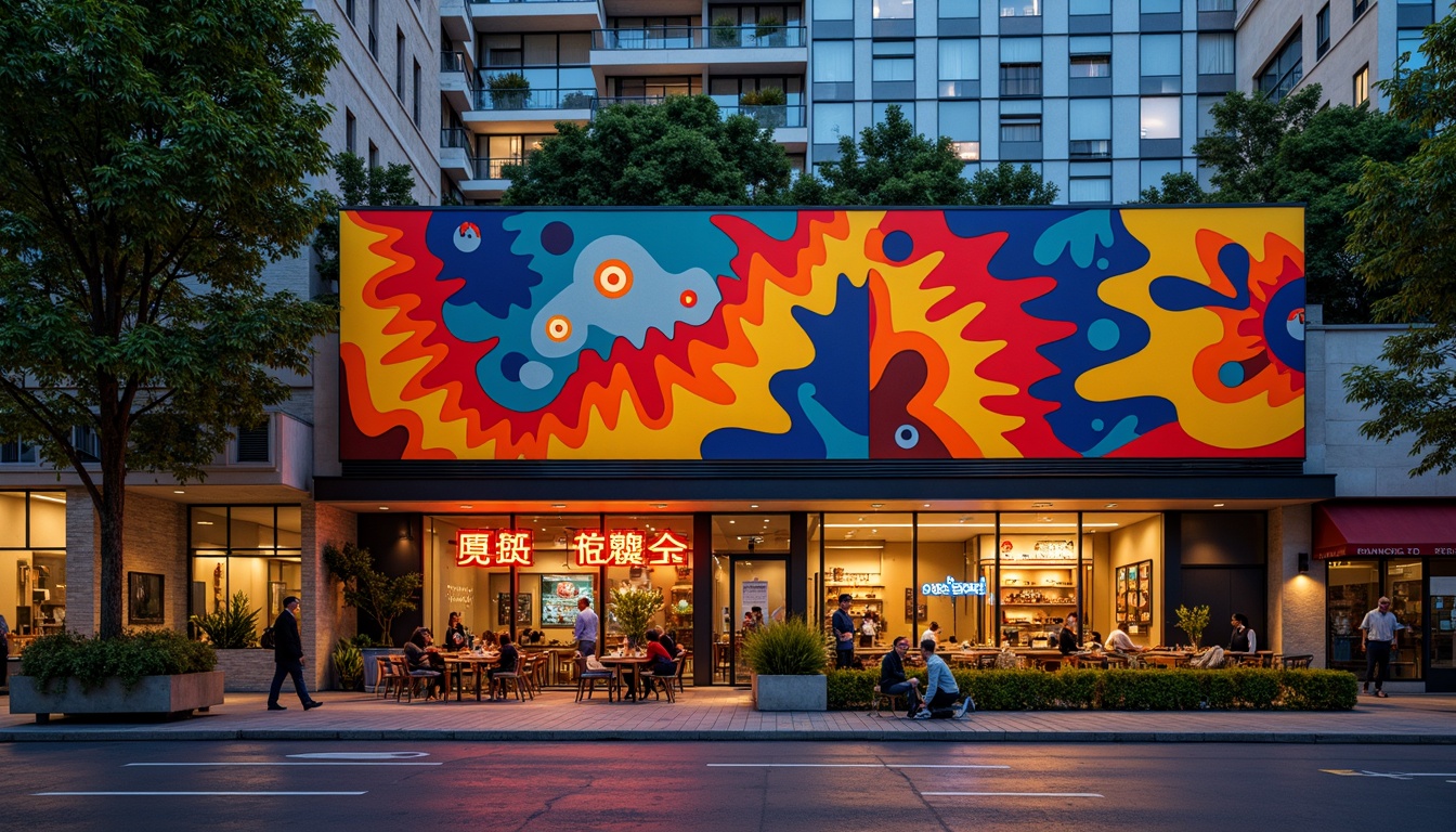 Prompt: Vibrant restaurant facade, expressionist architecture, bold geometric shapes, bright primary colors, abstract patterns, irregular forms, dynamic lighting effects, neon signs, metallic accents, industrial materials, exposed ductwork, urban cityscape, bustling streets, evening atmosphere, warm golden lighting, shallow depth of field, 1/1 composition, dramatic shadows, high-contrast textures.