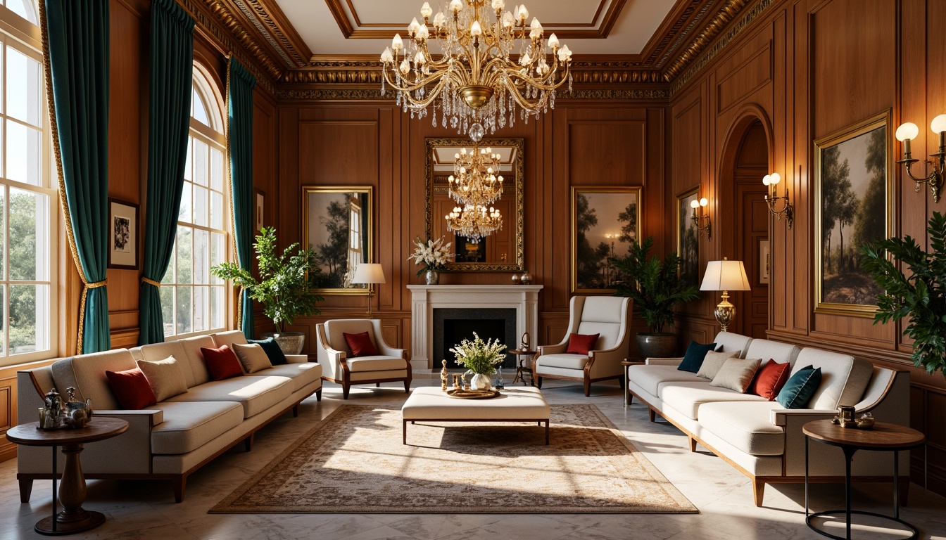 Prompt: Elegant interior spaces, classicism style, rich wood tones, ornate furnishings, luxurious fabrics, velvet drapes, golden accents, crystal chandeliers, marble floors, intricate moldings, soft warm lighting, subtle shadows, 1/1 composition, realistic textures, ambient occlusion, warm beige walls, creamy whites, deep blues, emerald greens, rich reds, gilded frames, ornate mirrors, lavish upholstery, sophisticated ambiance.