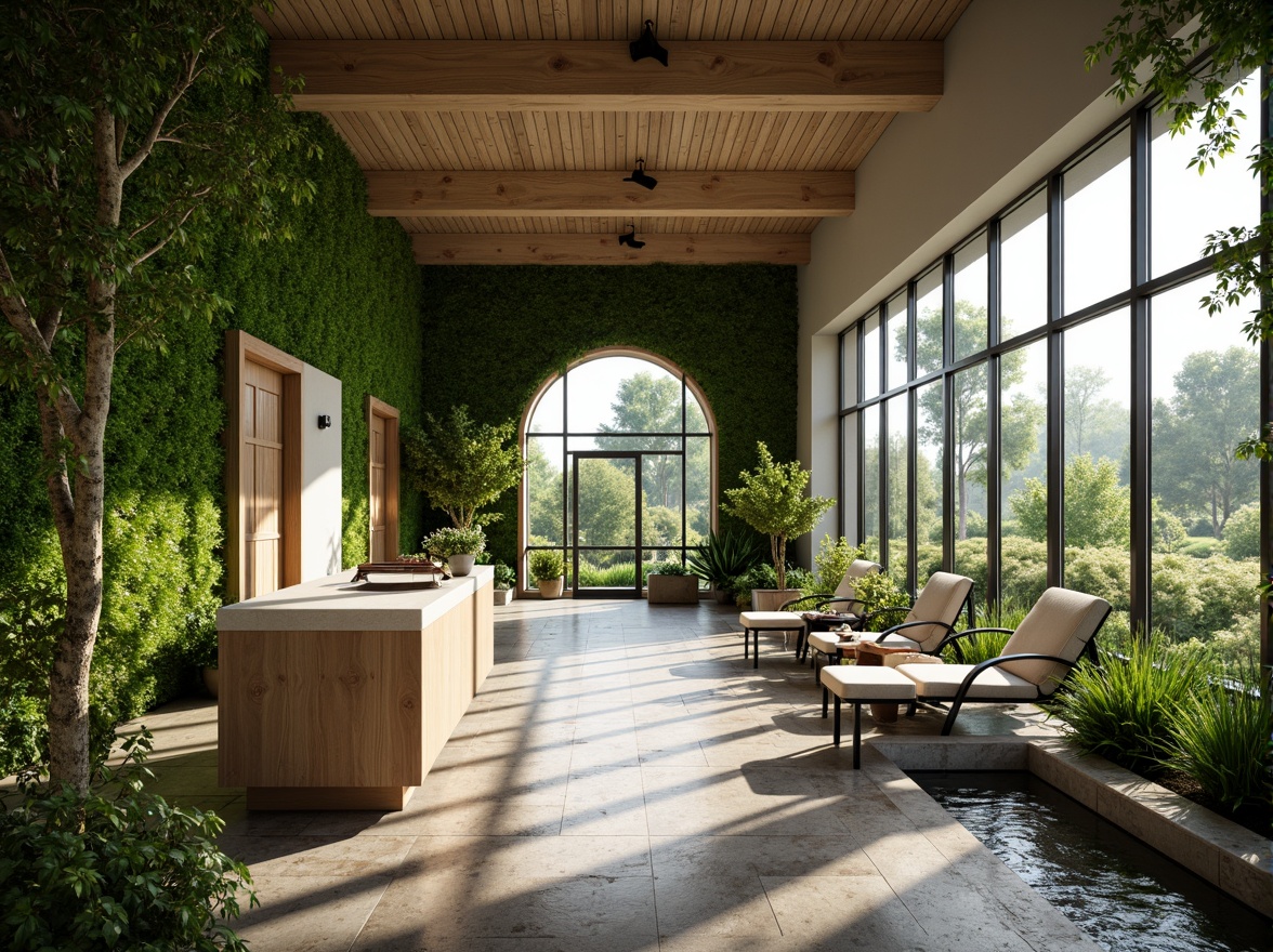 Prompt: Soothing dental clinic, lush green walls, natural stone flooring, wooden accents, calming water features, serene outdoor gardens, vibrant flower arrangements, modern minimalist furniture, large windows, abundant natural light, warm color scheme, cozy waiting areas, peaceful ambiance, shallow depth of field, 3/4 composition, realistic textures, ambient occlusion.