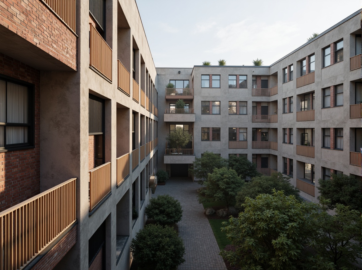 Prompt: Rugged concrete buildings, brutalist architecture, raw industrial textures, exposed ductwork, bold color blocks, earthy tones, weathered steel accents, distressed wood elements, urban campus setting, dense foliage surroundings, misty morning atmosphere, softbox lighting, 1/2 composition, cinematic depth of field, realistic material rendering.