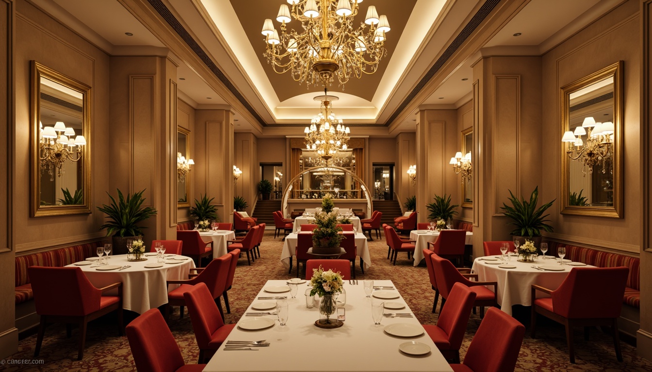 Prompt: Elegant dining hall, luxurious chandeliers, rich wood tones, warm beige walls, soft cream accents, velvety red upholstery, golden metal fixtures, sophisticated neutral colors, intimate candlelight, dramatic high ceilings, ornate mirrors, lavish furnishings, opulent fabrics, refined atmosphere, warm inviting ambiance, shallow depth of field, 1/1 composition, realistic textures, ambient occlusion.