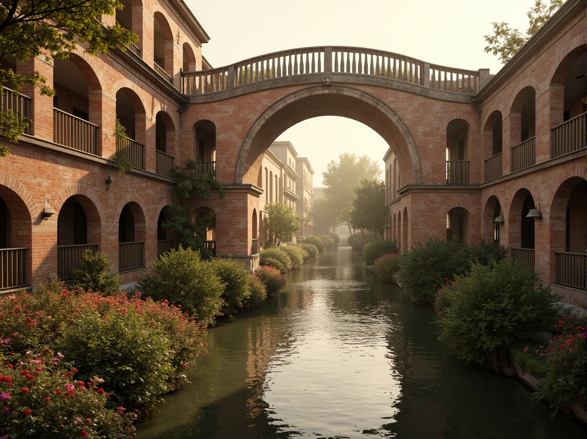 Prompt: Rustic stone bridges, ornate balustrades, weathered wooden railings, earthy terracotta hues, muted sienna tones, warm golden lighting, soft misty atmosphere, serene river waters, lush greenery, vibrant floral accents, intricate carvings, classical arches, grandiose proportions, symmetrical composition, 1/2 perspective view, realistic stone textures, ambient occlusion.