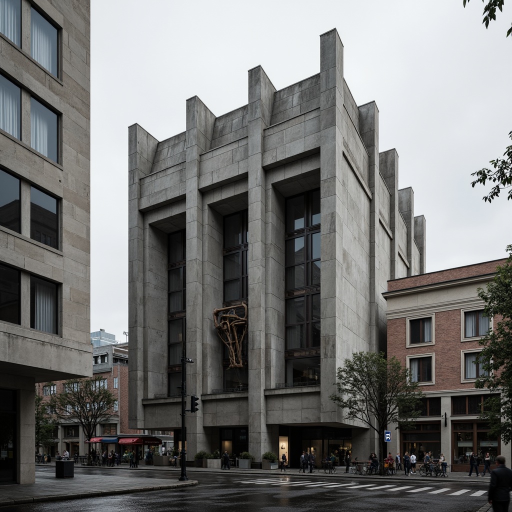 Prompt: Rugged brutalist facade, raw concrete textures, fortress-like structure, angular geometries, monumental scale, urban cityscape, overcast sky, dramatic shadows, bold architectural forms, exposed ductwork, industrial materials, functional minimalism, cold monochromatic color palette, high-contrast lighting, deep depth of field, 2/3 composition, symmetrical framing, gritty realistic render.