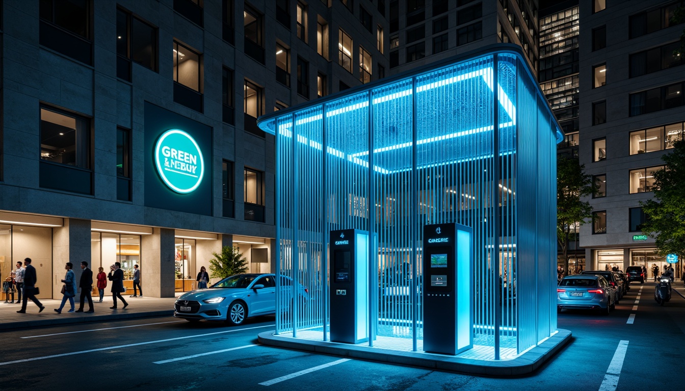 Prompt: Modern charging station, sleek metal design, neon blue accents, LED lighting strips, futuristic architecture, urban cityscape, busy streets, electric vehicle parking, green energy branding, eco-friendly logo, minimalist typography, clean lines, geometric shapes, vibrant color scheme, contrasting tones, high-tech atmosphere, dynamic lighting effects, shallow depth of field, 1/1 composition, realistic textures, ambient occlusion.