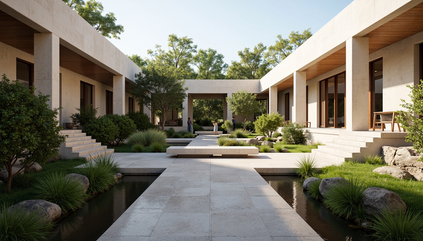 Prompt: Soothing monastery courtyard, serene water features, lush greenery, natural stone walls, modern streamline architecture, minimalist design, clean lines, monochromatic color scheme, earthy tones, beige stucco, soft gray concrete, warm wood accents, subtle texture variations, ambient lighting, soft shadows, 1/1 composition, realistic renderings, atmospheric perspective.