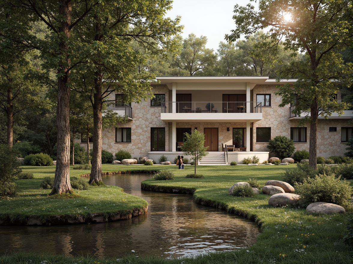 Prompt: Soothing monastery, serene natural surroundings, gentle stream, rustic stone walls, modern minimalist architecture, clean lines, simple forms, earthy color palette, moss green, weathered wood, soft beige, creamy white, subtle texture, ambient lighting, warm glow, shallow depth of field, 1/1 composition, realistic rendering, atmospheric perspective.