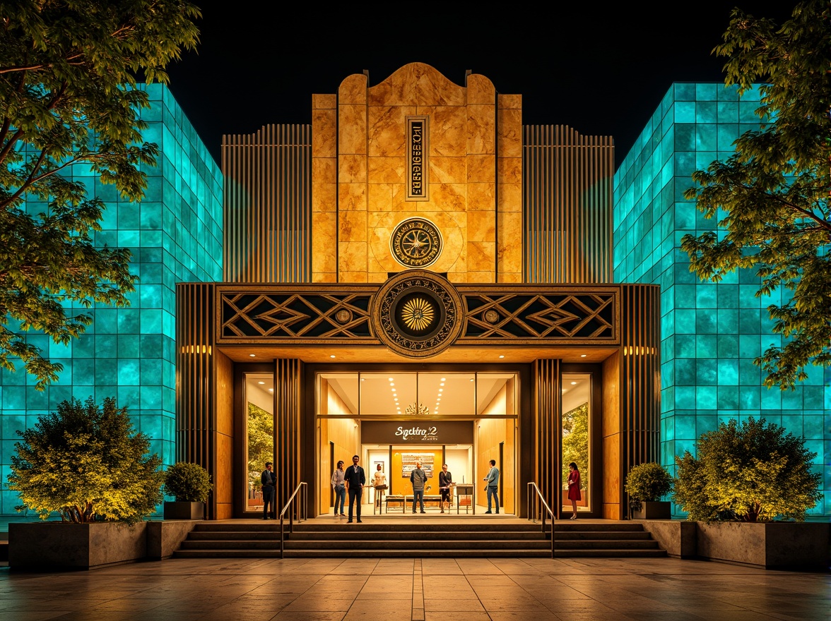 Prompt: Opulent Art Deco monument, lavish golden accents, rich bronze tones, vibrant turquoise mosaics, geometric patterns, ornate metalwork, luxurious marble surfaces, bold black outlines, stylized floral motifs, sunburst designs, zigzag patterns, metallic sheen, warm ambient lighting, shallow depth of field, 1/1 composition, symmetrical framing, high-contrast colors, intricate textures, realistic reflections.