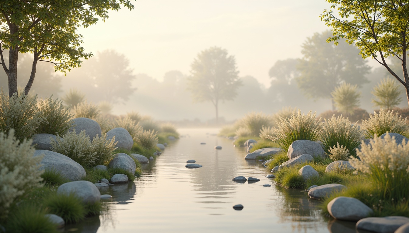 Prompt: Soft pastel hues, calming atmosphere, serene natural surroundings, gentle water features, lush greenery, blooming flowers, warm beige tones, creamy whites, pale blues, misty mornings, soft diffused lighting, 3/4 composition, shallow depth of field, realistic textures, ambient occlusion.