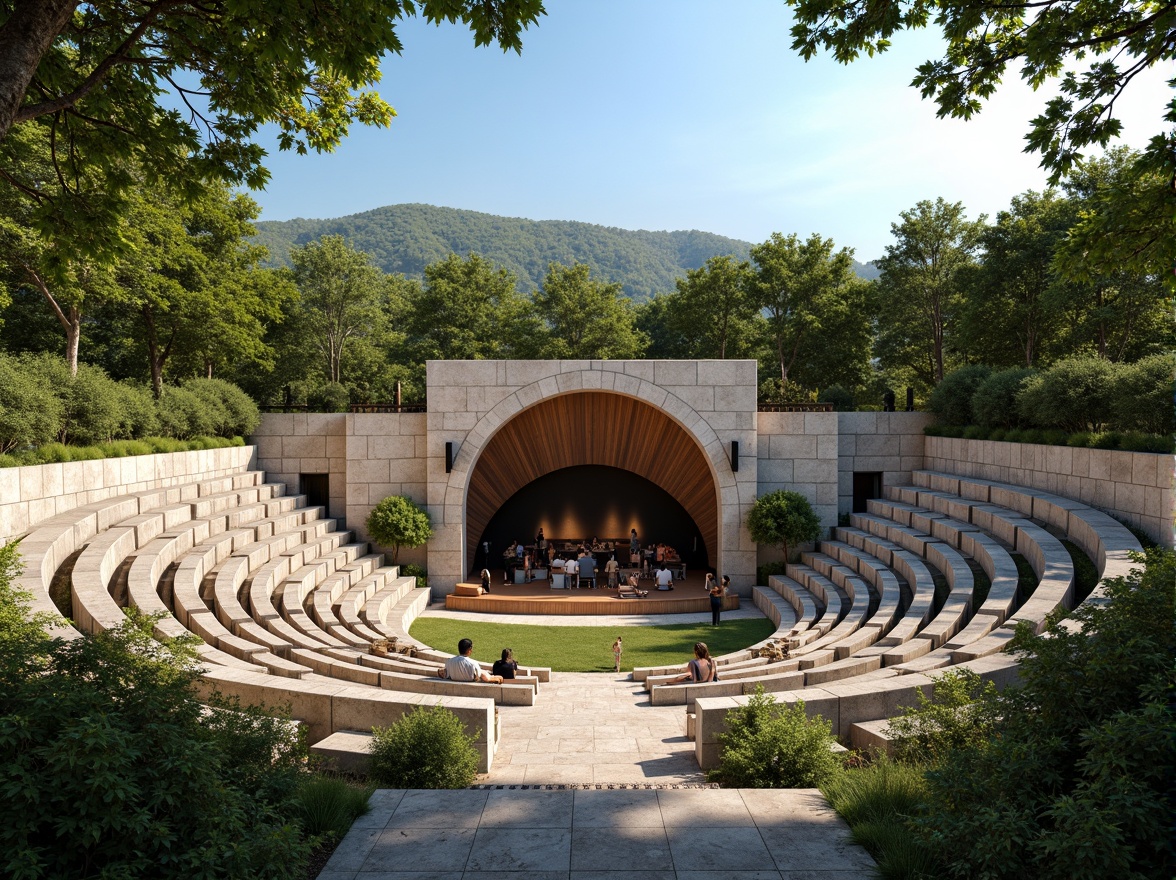 Prompt: Natural stone amphitheater, tiered seating, lush greenery surroundings, warm sunny day, clear blue sky, gentle breeze, sound-reflecting surfaces, optimized speaker placement, curved acoustic panels, wooden stage flooring, comfortable audience seating, intimate performance setting, soft warm lighting, shallow depth of field, 3/4 composition, panoramic view, realistic textures, ambient occlusion.