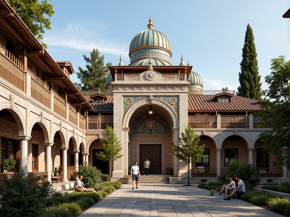 Prompt: Intricate stone carvings, ornate domes, grand archways, vibrant mosaics, golden accents, rustic terracotta tiles, curved rooflines, ornamental finials, weathered copper cladding, aged brick facades, Byzantine-inspired ornaments, lush greenery, serene courtyard, warm afternoon light, soft shadows, 1/1 composition, realistic textures, ambient occlusion.