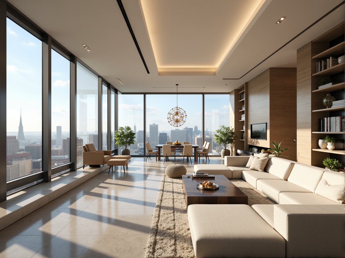 Prompt: Luxurious penthouse, modern minimalist decor, neutral color scheme, creamy whites, rich woods, metallic accents, floor-to-ceiling windows, breathtaking city views, sleek lines, sophisticated ambiance, warm beige tones, soft gray hues, bold accent walls, lavish furnishings, opulent chandeliers, panoramic skyline, dramatic lighting, shallow depth of field, 1/1 composition, realistic textures, ambient occlusion.