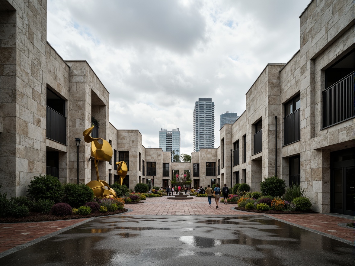 Prompt: Rugged university campus, brutalist architecture, raw concrete facades, fortress-like buildings, geometric shapes, industrial materials, metallic accents, bold color schemes, abstract sculptures, urban landscape, overcast sky, dramatic shadows, high-contrast lighting, 1/1 composition, symmetrical framing, realistic textures, ambient occlusion.