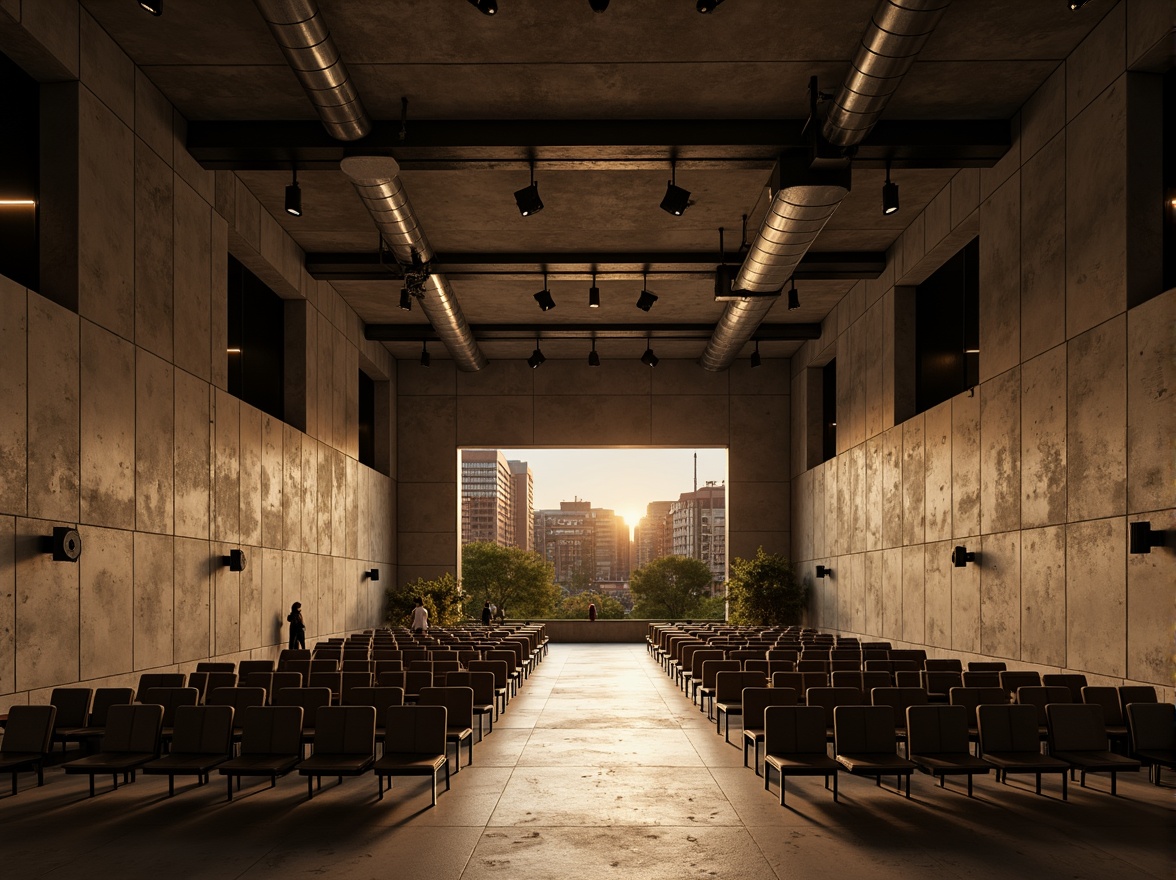 Prompt: Raw concrete walls, exposed ductwork, industrial metal beams, minimalist seating, avant-garde stage design, dramatic spotlights, reverberant sound reflections, echoey ambiance, brutalist architecture, angular lines, monochromatic color scheme, urban cityscape, evening atmosphere, warm golden lighting, shallow depth of field, 1/2 composition, symmetrical framing, high-contrast textures, ambient occlusion.