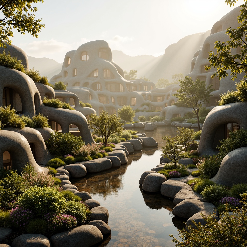 Prompt: Organic blob-shaped buildings, curved lines, soft rounded edges, natural stone foundations, lush green roofs, vibrant flower arrangements, serene water features, misty atmosphere, warm golden lighting, shallow depth of field, 1/1 composition, panoramic view, realistic textures, ambient occlusion, harmonious color palette, earthy tones, sustainable materials, eco-friendly design, futuristic architecture, innovative landscape integration.