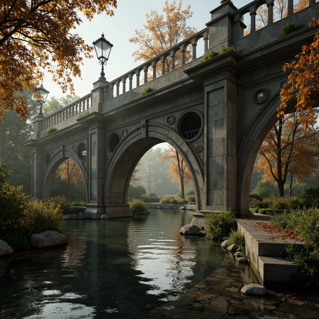 Prompt: Ornate balustrades, intricately carved stone railings, grandiose bridge architecture, sweeping curves, majestic arches, ornamental lanterns, decorative metalwork, rustic stonework, moss-covered surfaces, serene water reflections, soft warm lighting, misty atmosphere, shallow depth of field, 1/2 composition, realistic textures, ambient occlusion.