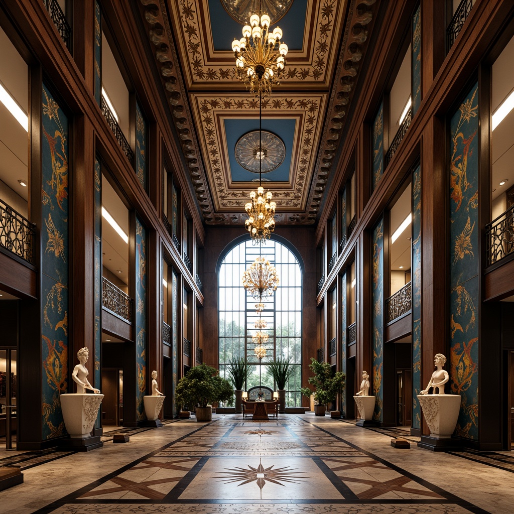 Prompt: Intricate geometric patterns, ornate metalwork, luxurious marble surfaces, grandiose statues, symmetrical compositions, opulent chandeliers, lavish mosaics, bold typography, stylized florals, zigzag motifs, chevron designs, sunburst patterns, metallic accents, polished chrome details, rich jewel tones, dramatic lighting effects, low-angle photography, cinematic atmosphere, high-contrast rendering, detailed textures, realistic reflections.