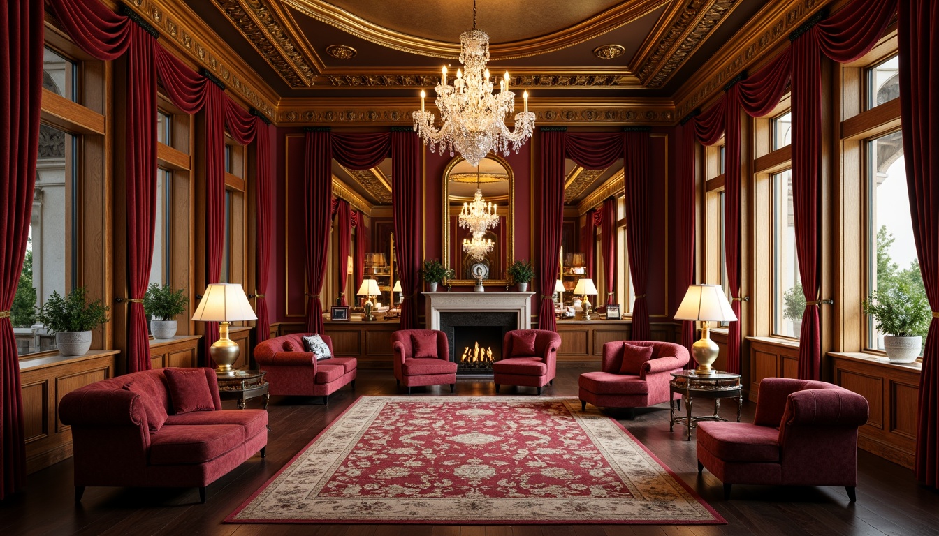 Prompt: Rich velvet drapes, ornate gold leafing, luxurious marble countertops, intricately carved wooden panels, lavish crystal chandeliers, plush crimson sofas, antique bronze fixtures, opulent patterned rugs, grandiose mirrors, dramatic coved ceilings, warm golden lighting, soft focus photography, 1/2 composition, atmospheric depth of field, realistic reflections.