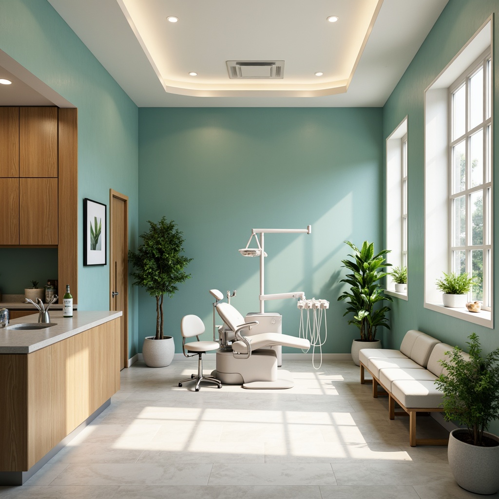 Prompt: Calming dental clinic, soothing blue-green color scheme, creamy whites, warm beige tones, natural wood accents, gentle curves, minimalist decor, modern medical equipment, sleek stainless steel surfaces, comfortable waiting area, lush green plants, soft overhead lighting, shallow depth of field, 1/1 composition, realistic textures, ambient occlusion.