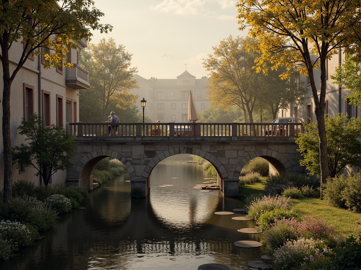 Prompt: Ancient stone bridges, ornate balustrades, rustic arches, weathered stonework, moss-covered piers, tranquil water reflections, serene riverbanks, lush greenery, vibrant flowers, historic lamp posts, decorative ironwork, grandiose entranceways, symmetrical composition, warm golden lighting, soft misty atmosphere, 1/2 composition, realistic textures, ambient occlusion.