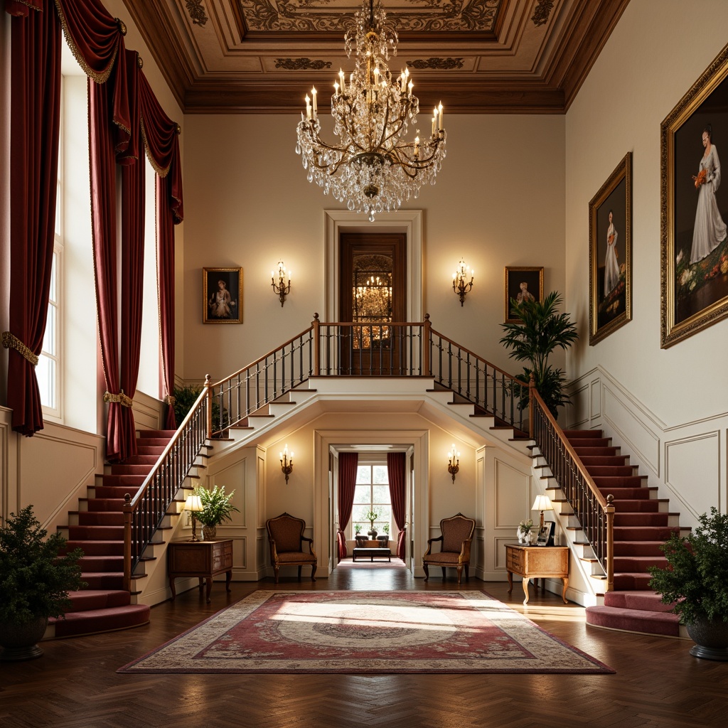 Prompt: Elegant mansion, grand foyer, sweeping staircase, ornate chandeliers, rich wood paneling, luxurious velvet drapes, antique furniture pieces, intricate carvings, gilded frames, soft warm lighting, shallow depth of field, 1/1 composition, realistic textures, ambient occlusion, symmetrical layout, balanced proportions, harmonious color palette, cream-colored walls, dark hardwood floors, ornate mirrors, lavish textiles, subtle patterns.