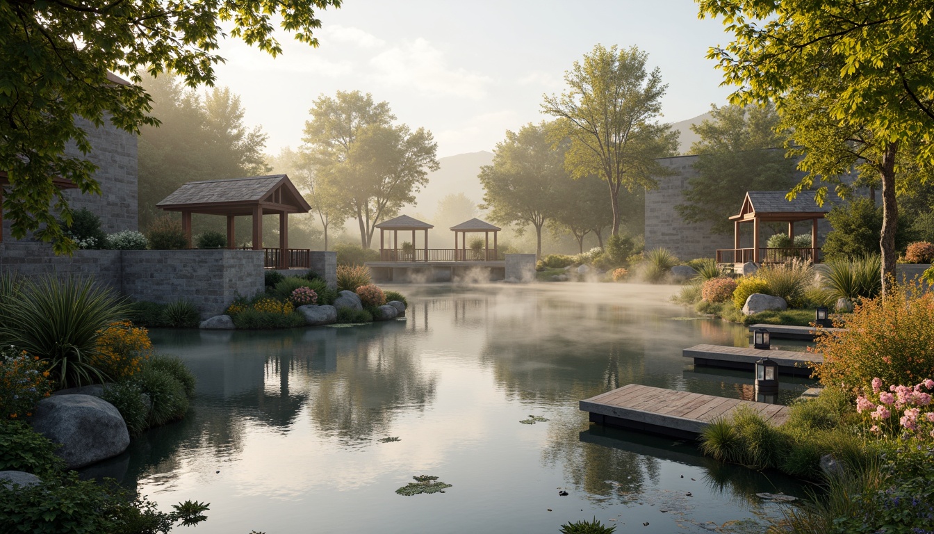 Prompt: Soft misty lake, serene water reflections, lush greenery, vibrant flowers, rustic wooden docks, weathered stone walls, charming gazebos, ornate metal railings, whimsical lanterns, warm golden lighting, shallow depth of field, 3/4 composition, panoramic view, realistic textures, ambient occlusion, earthy tone color palette, moss-covered stones, driftwood accents, soft blue-grey hues, creamy whites, warm beige tones, natural stone pathways, meandering boardwalks, tranquil atmosphere.