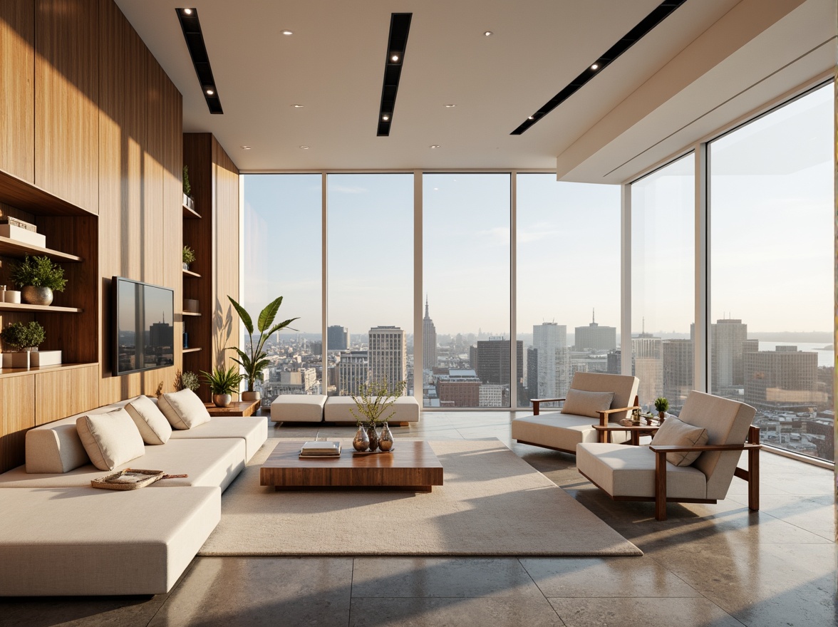 Prompt: Luxurious penthouse, modern minimalist decor, neutral color scheme, creamy whites, rich woods, metallic accents, floor-to-ceiling windows, breathtaking city views, soft warm lighting, 1/1 composition, shallow depth of field, realistic textures, ambient occlusion.