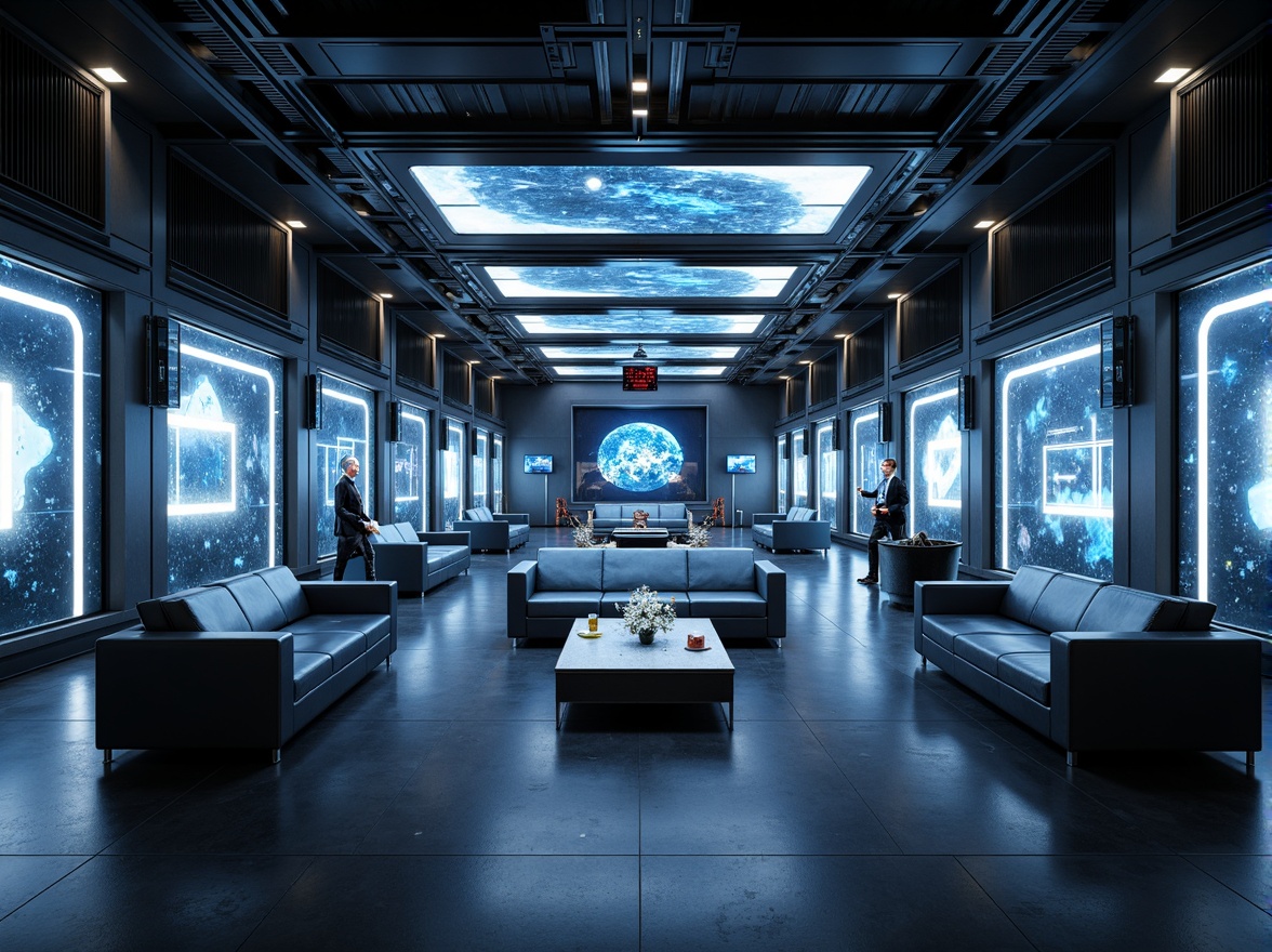 Prompt: Futuristic interior space, high-tech gadgets, sleek metal accents, minimalist decor, neon-lit ambiance, dark polished floors, glass partitions, modular furniture, ergonomic chairs, interactive displays, virtual reality zones, ambient LED lighting, 3D holographic projections, futuristic sound systems, acoustic panels, smart home automation, voice-controlled interfaces, geometric patterns, metallic textures, cold color palette, shallow depth of field, 1/1 composition, realistic reflections.