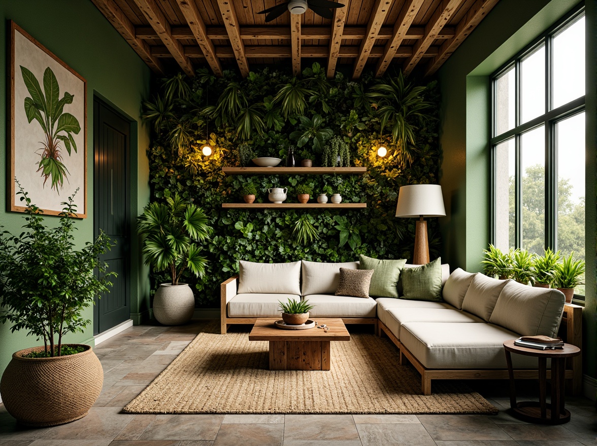 Prompt: Lush green walls, reclaimed wood accents, natural stone flooring, living walls with lush foliage, hanging planters, botanical prints, earthy color palette, organic textures, woven bamboo furniture, rattan decor, natural fiber rugs, warm ambient lighting, soft diffused light, 1/1 composition, intimate atmosphere, cozy nooks, nature-inspired patterns, organic shapes, eco-friendly materials.