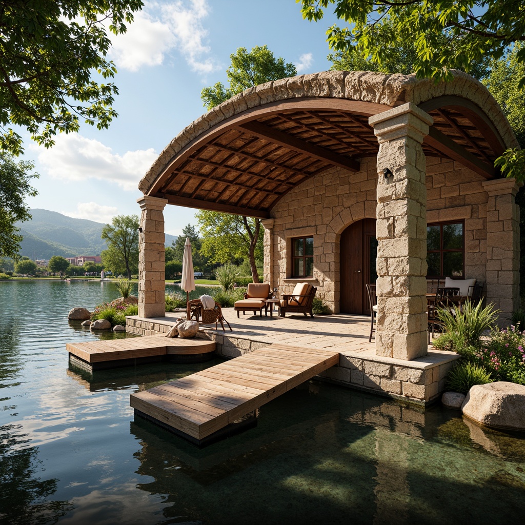 Prompt: Rustic boathouse, Romanesque arches, curved wooden beams, terracotta roof tiles, earthy color palette, natural stone walls, wooden dock, serene lake surroundings, lush greenery, vibrant flowers, sunny day, soft warm lighting, shallow depth of field, 3/4 composition, panoramic view, realistic textures, ambient occlusion, ornate metal decorations, intricate stonework, grand entrance, cozy interior spaces, nautical-themed decor.