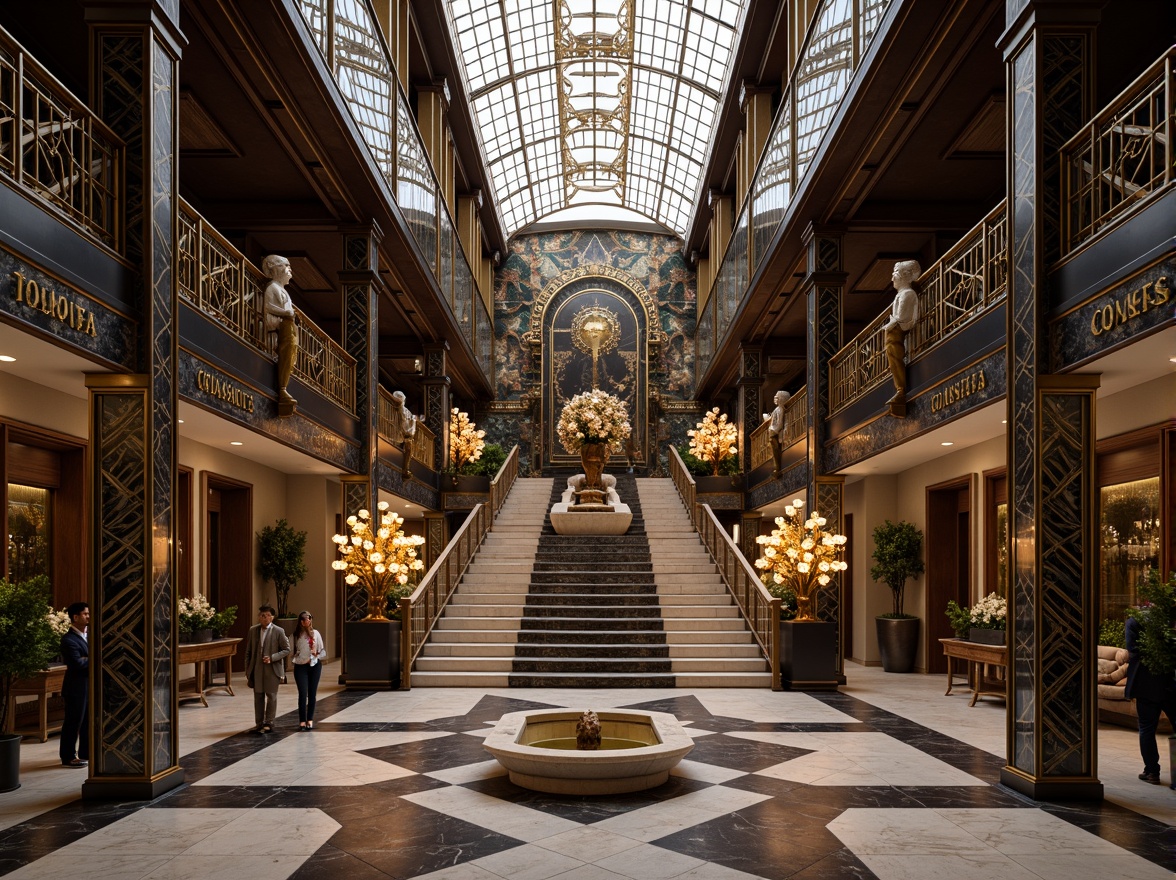 Prompt: Intricate geometric patterns, ornate metalwork, luxurious marble surfaces, grandiose statues, symmetrical compositions, opulent chandeliers, lavish mosaics, bold typography, stylized florals, zigzag motifs, chevron designs, metallic accents, glossy finishes, sunburst patterns, stepped silhouettes, monumental scale, dramatic lighting, low-angle view, cinematic composition, high-contrast colors, ornate fountains, grand staircases.