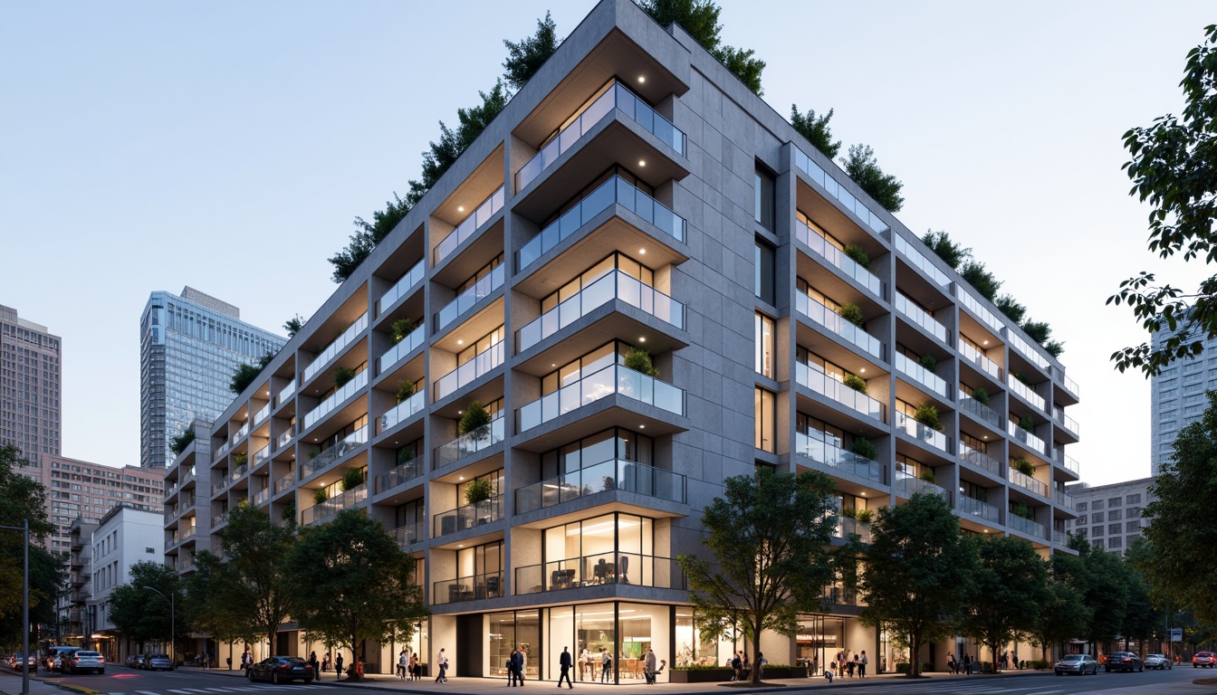 Prompt: Modern apartment building, international style facade, sleek glass balconies, minimalist railings, neutral color palette, clean lines, rectangular forms, urban cityscape, bustling streets, contemporary architecture, floor-to-ceiling windows, sliding glass doors, natural stone cladding, metallic accents, subtle LED lighting, shallow depth of field, 1/1 composition, realistic reflections, ambient occlusion.