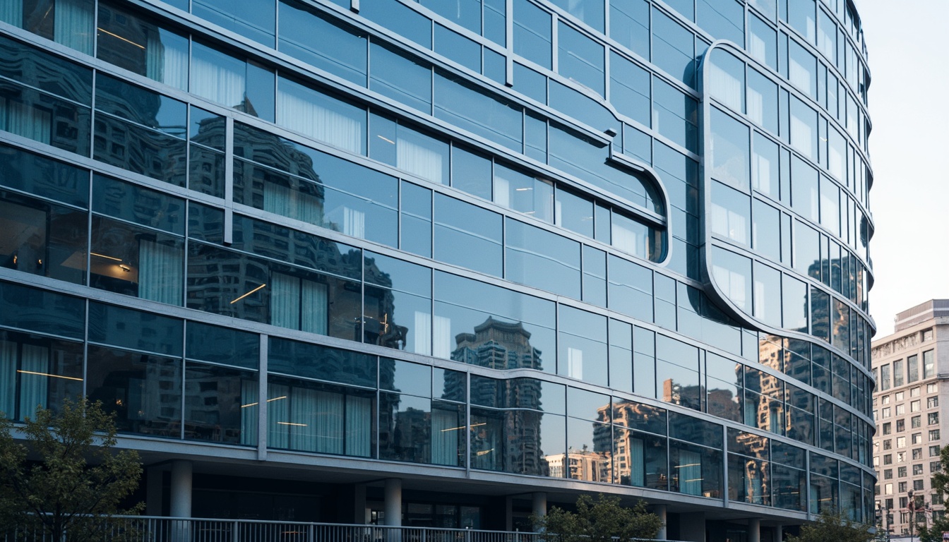 Prompt: Curved building facade, metallic materials, chrome accents, horizontal lines, rounded edges, nautical-inspired design, oceanic blue hues, wave-like patterns, minimalist ornamentation, functional simplicity, urban cityscape, morning sunlight, soft shadows, shallow depth of field, 2/3 composition, symmetrical framing, realistic reflections, ambient occlusion.