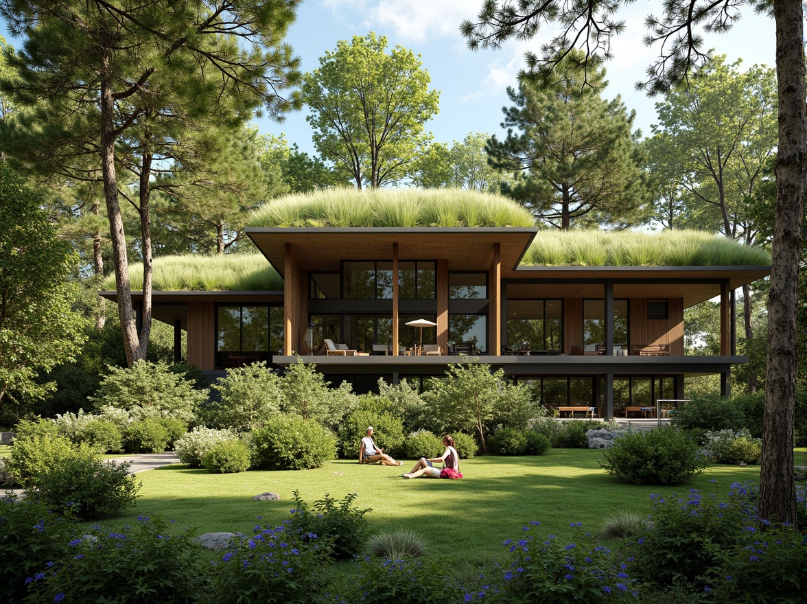 Prompt: Green roofs, lush vegetation, natural materials, earthy tones, open floor plans, high ceilings, clerestory windows, skylights, solar tubes, cross ventilation, stack effect, wind catchers, solar chimneys, shading devices, overhangs, louvers, jalousies, operable windows, sliding glass doors, insect screens, natural convection, passive cooling, thermal mass, insulation, breathable walls, radiant barriers, moisture management systems, comfortable indoor climate, soft diffused lighting, 1/1 composition, realistic textures, ambient occlusion.