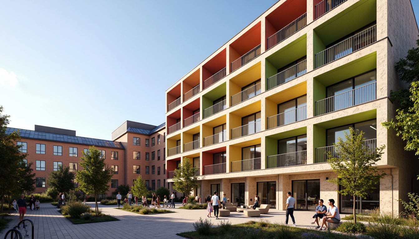 Prompt: Vibrant student dormitory, modern facade design, bold color blocking, large windows, natural stone cladding, metal railings, green roofs, solar panels, outdoor seating areas, landscaped courtyards, pedestrian walkways, bike racks, communal kitchens, cozy lounges, minimalist decor, soft warm lighting, shallow depth of field, 3/4 composition, panoramic view, realistic textures, ambient occlusion.